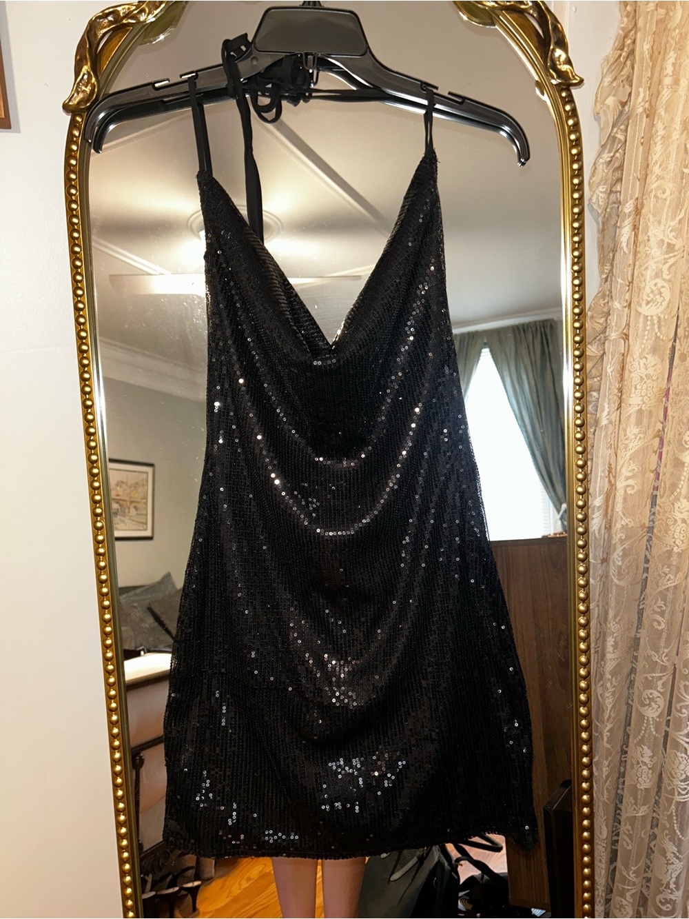 Lioness Black Sequin Cowl Slip Mini Dress